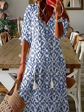 Half Sleeve Floral Fall  Casual Geometric Plus Size Boho Dress
