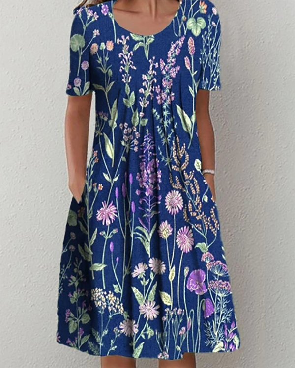 Casual Crew Neck Loose Floral Dress