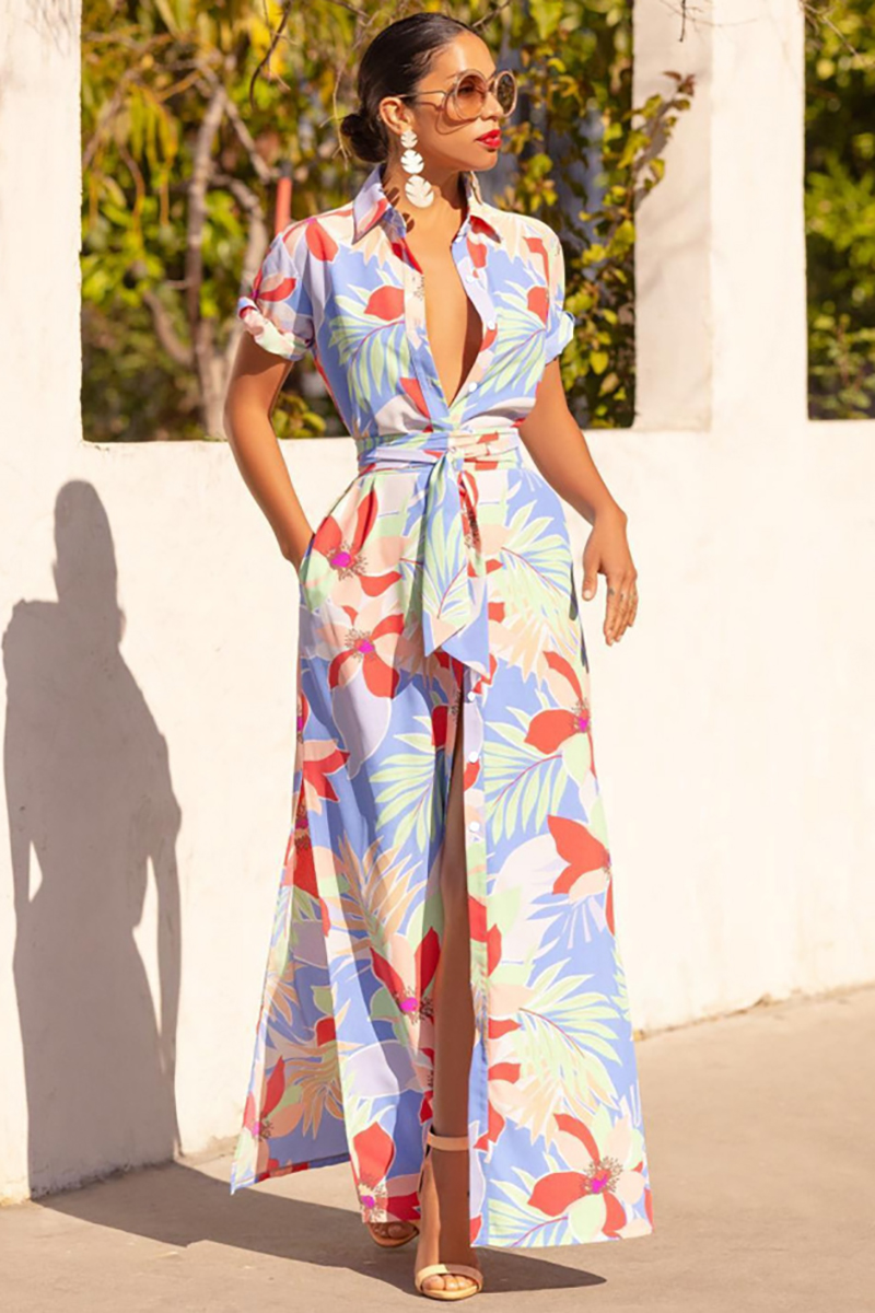 Boho Print Deep V Neck Knotted High Slit Short Sleeve Vacation Maxi Dress