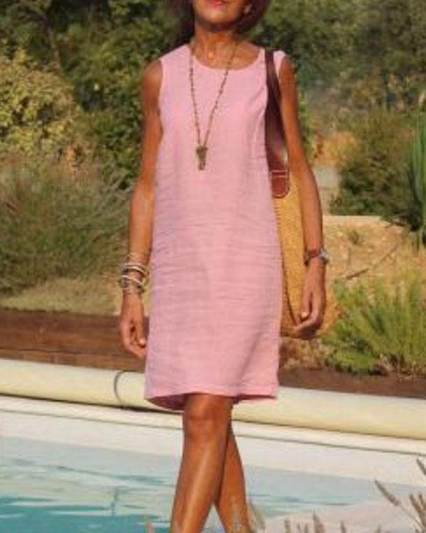 Round Neck Short Sleeve Cotton And Linen Dress
