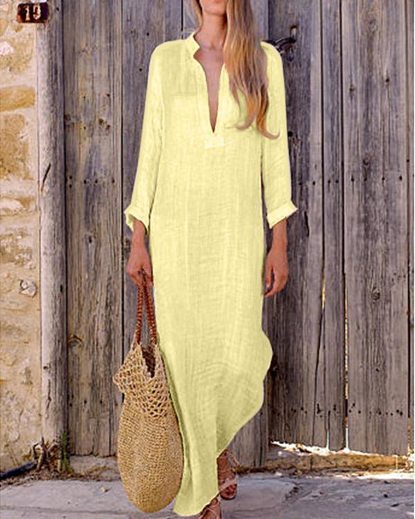 Women Shift Beach Holiday Linen Cotton Long Sleeve Plus Size Dress