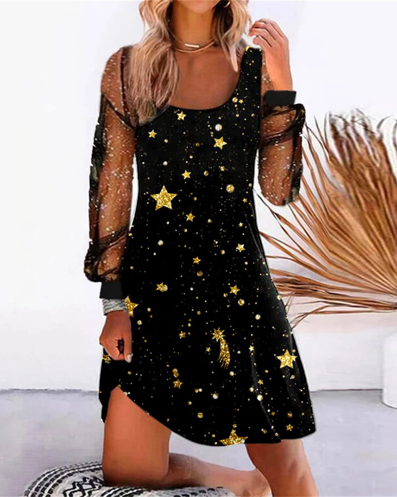 Sexy Printed Panel Mesh Dress