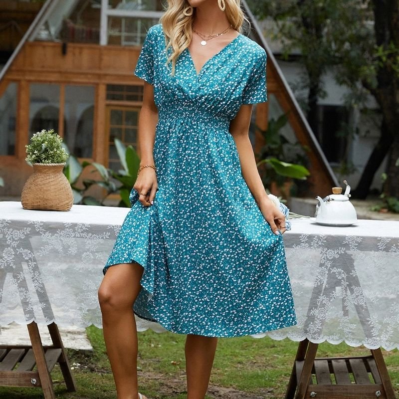 Floral Print Elastic Waist Surplice Front A-line Dress